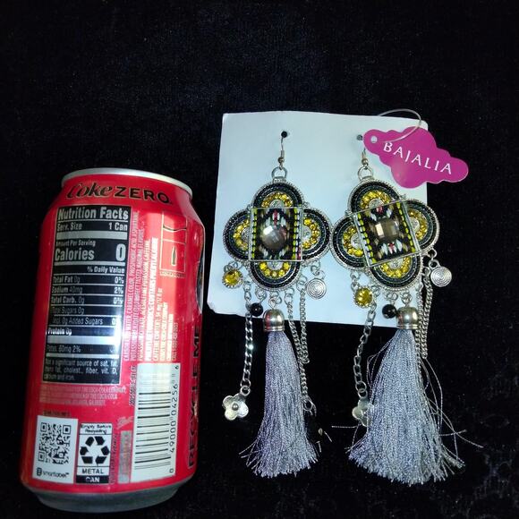 Iris Apfel & Bajalia Gray & Silver Embellished Tasseled HUGE Statement Earrings - Picture 4 of 11